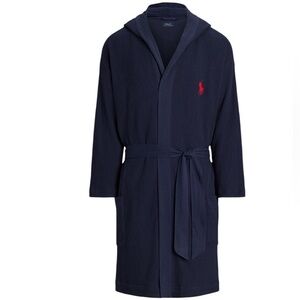 Polo Ralph Lauren Mens Thermal Hooded Robe Navy Size S/M Waffle Knit Print NWT